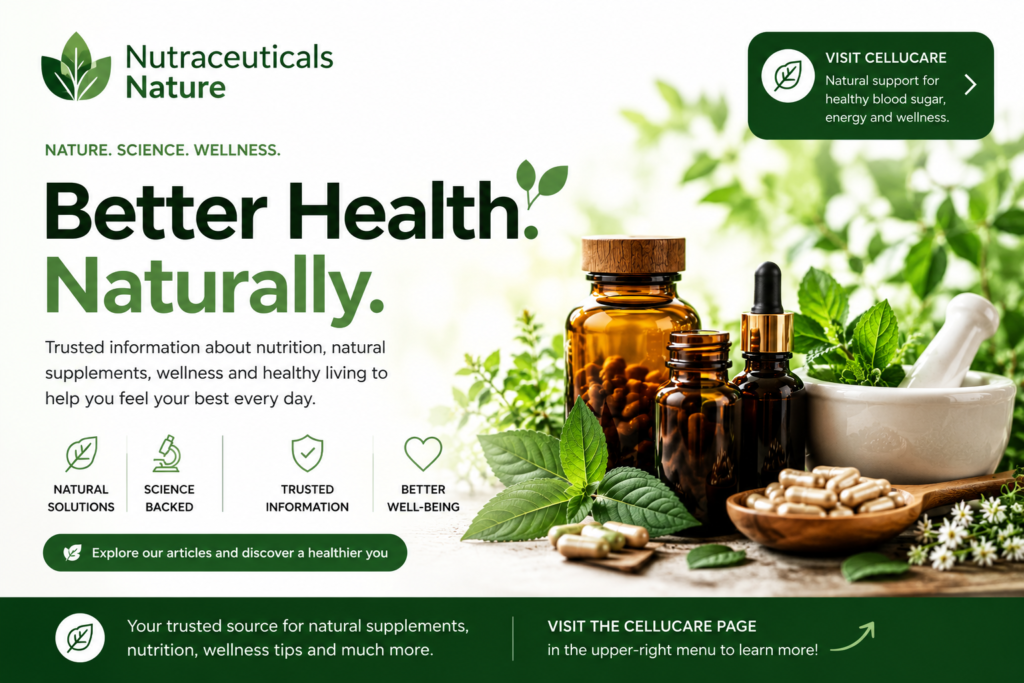Hero banner for Nutraceuticals Nature featuring natural supplements, herbal ingredients, and wellness products. The image promotes educational content about nutrition, healthy living, blood sugar support, metabolism, and overall wellness, while encouraging visitors to explore the CelluCare page and other health resources available on the website.